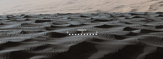 Two sizes of ripples are evident in this Dec. 13, 2015, view of a top of a Martian sand dune, from NASA's Curiosity Mars rover. Sand dunes and the smaller type of ripples also exist on Earth. The larger ripples are a type not seen on Earth nor previously 