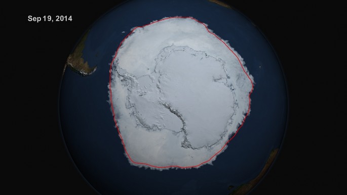 A satellite image of sea ice circling the Antarctic continent in September 2014, the Southern Hemisphere winter.