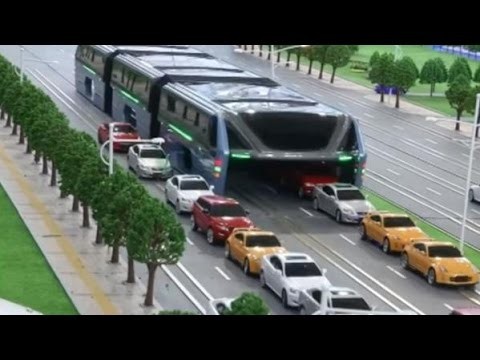 A prototype shows the futuristic Transit Elevated Bus (TEB) or "straddle bus" that goes into production this week in China.