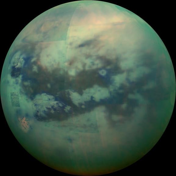 This composite image shows an infrared view of Saturn's moon Titan from NASA's Cassini spacecraft, acquired during the mission's "T-114" flyby on Nov. 13, 2015.