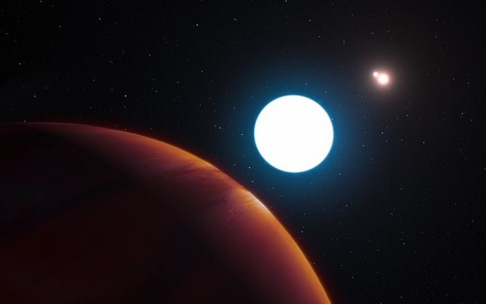 This artist's impression shows a view of the triple-star system HD 131399 from close to the giant planet orbiting in the system. The planet is known as HD 131399Ab and appears at the lower-left of the picture.