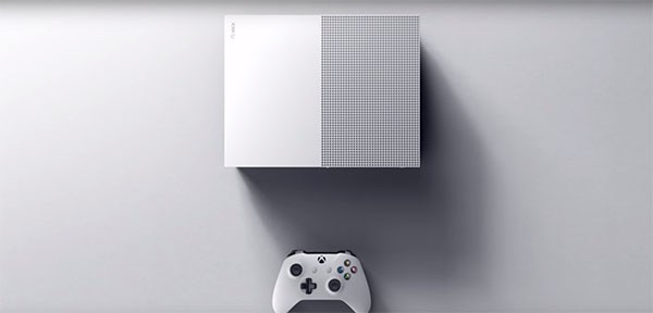 Microsoft reveals the upcoming Xbox One S console, which will be slimmer compared to the original Xbox One console.