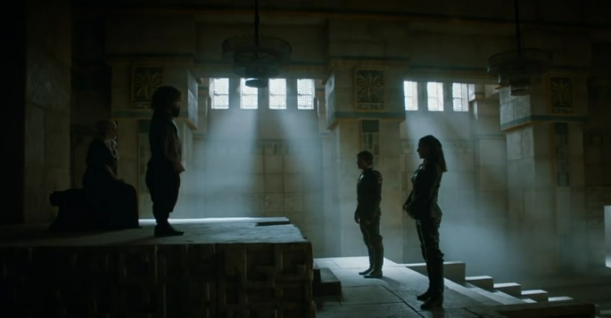 The Greyjoy siblings Theon (Alfie Allen) and Yara (Gemma Whelan) (3rd and 4th from left) meet Daenerys Targaryen (Emilia Clarke) and Tyrion Lannister (Peter Dinklage) in 'Game of Thrones" season 6.   