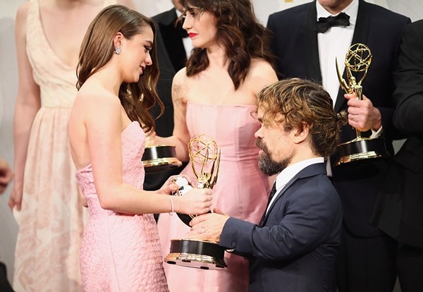 'Game of Thrones' stars Maisie Williams, Carice van Houten and Peter Dinklage pose in the press room at the 67th Annual Primetime Emmy Awards at Microsoft Theater on September 20, 2015 in Los Angeles, California. 