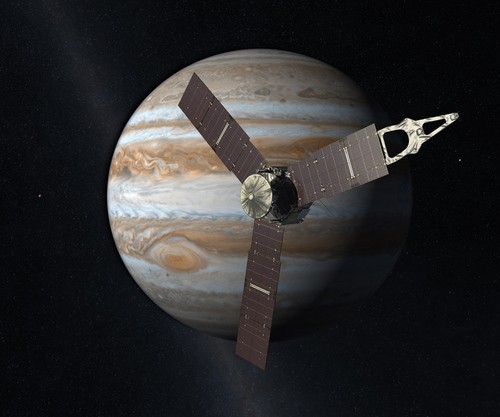 The Juno space probe is seen approaching Jupiter.