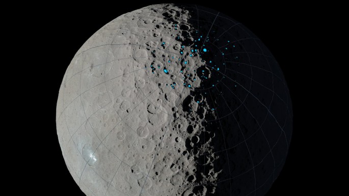 At the poles of Ceres, scientists have found craters that are permanently in shadow (indicated by blue markings). Such craters are called "cold traps" if they remain below about minus 240 degrees Fahrenheit (minus 151 degrees Celsius).