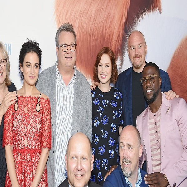 (Top L-R) Actors Jenny Slate, Eric Stonestreet , Ellie Kemper, Louis C.K., Kevin Hart (bottom L-R) Producers Chris Meledandri, and Director Chris Renaud pose for a picture at 'The Secret Life Of Pets' New York Premiere at David H. Koch Theater at Lincoln 