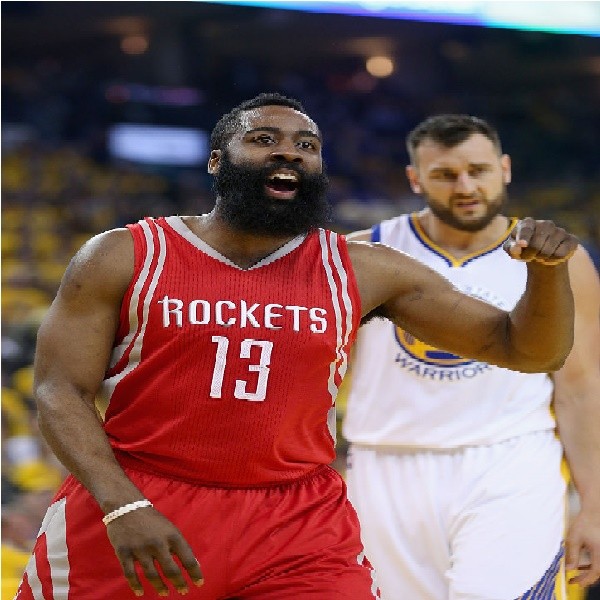 James Harden #13 of the Houston Rockets reacts during their game against the Golden State Warriors in Game Five of the Western Conference Quarterfinals during the 2016 NBA Playoffs at ORACLE Arena on April 27, 2016 in Oakland, California. NOTE TO USER: Us
