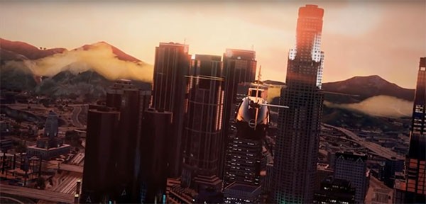 A helicopter flies over the fictional city of "Grand Theft Auto 5" with a beautiful sunset on the distance.