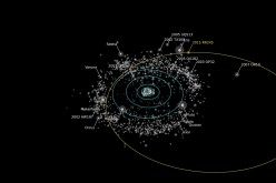 Rendering of the orbit of RR245 (orange line). Objects as bright or brighter than RR245 are labeled. The Minor Planet Center describes the object as the 18th largest in the Kuiper Belt.