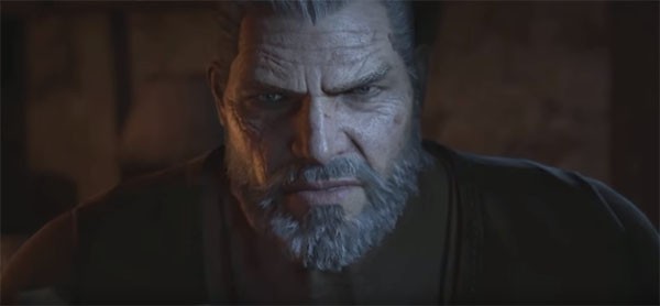 "Gears of War" iconic hero Marcus Fenix reveals himself before his son from the dark room.