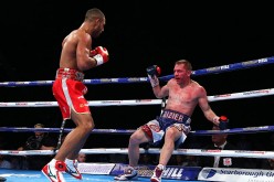 Kell Brook knocks down and stops Kevin Bizier in the second round during his victory in the IBF World Welterweight Championship between Kell Brook and Kevin Bizier at Sheffield Arena on March 26, 2016 in Sheffield, England.