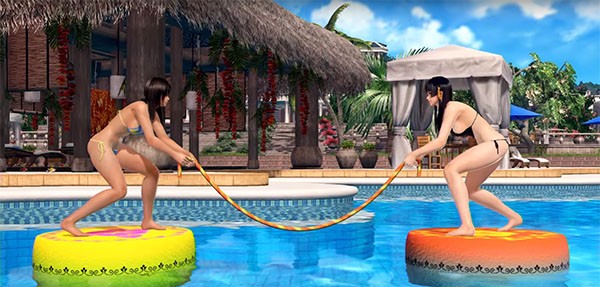 Two "Dead or Alive Xtreme 3" characters play tug of war in a swimming pool to win some in-game currency.