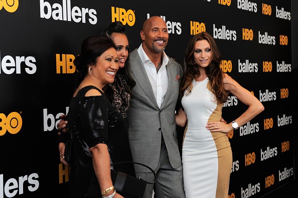 Ata Johnson (L), Jasmine Johnson, Dwayne Johnson and Lauren Hashian (R) attend the HBO "Ballers" Season 2 Red Carpet Premiere and Reception on July 14, 2016 at New World Symphony in Miami Beach, Florida.    