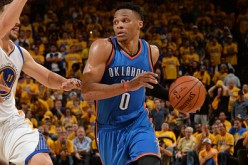 Russell Westbrook of the Oklahoma City Thunder drives against the Golden State Warriors defense during Game Seven of the Western Conference Finals
