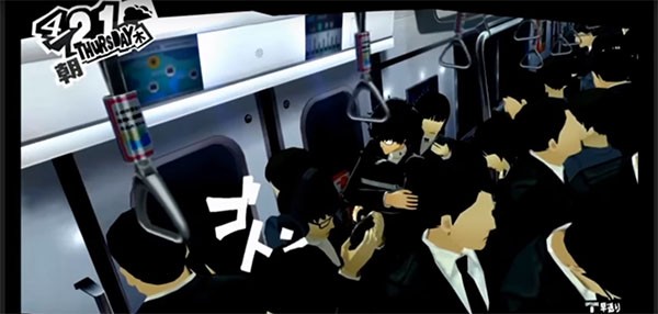 "Persona 5" protagonist rides a crowded train in order to get to his destination.
