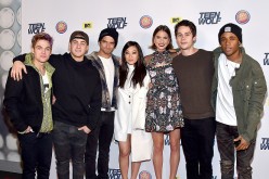 Actors Dylan Sprayberry, Cody Christian, Tyler Posey, Arden Cho, Shelley Hennig, Dylan O'Brien and Khylin Rhambo attend the MTV Teen Wolf Los Angeles premiere party at Dave & Busters on December 20, 2015 in Hollywood, California.