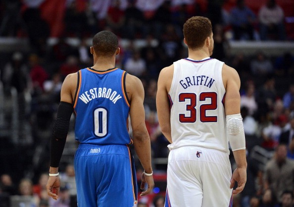 Russell Westbrook and Blake Griffin walk to center court during a 109-97 Thunder win at Staples Center.