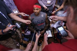 Carmelo Anthony is being interviewed after a Team USA practice in Las Vegas.