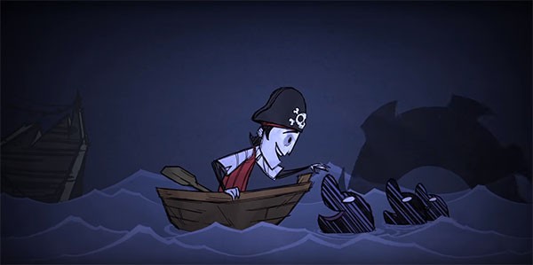A "Don't Starve: Shipwrecked" survivor is overjoyed when he is greeted by a group of dolphins, unaware of the dangers ahead.