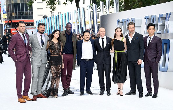 (L-R) Zachary Quinto, Karl Urban, Sofia Boutella, Idris Elba, director Justin Lin, Simon Pegg, Lydia Wilson, Chris Pine and John Cho attend the UK Premiere of Paramount Pictures 'Star Trek Beyond' at the Empire Leicester Square on July 12, 2016 in London,