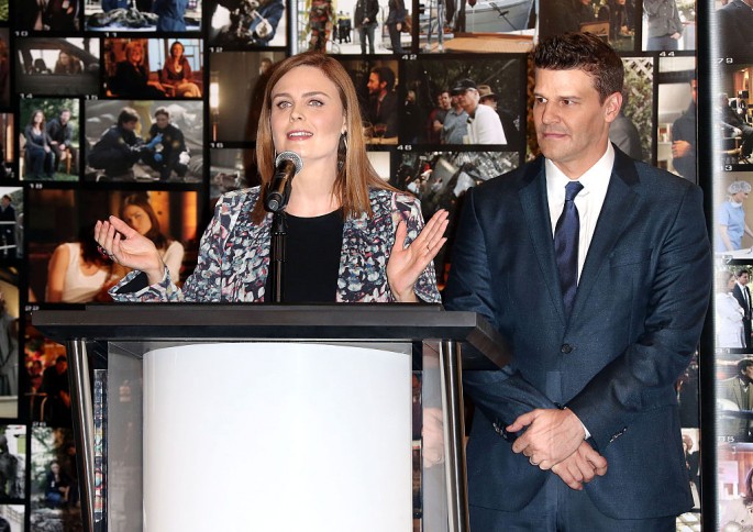 Emily Deschanel and David Boreanaz speak during Fox Celebrates 'Bones' 200th Episode at the Fox Studio Lot on November 14, 2014 in Century City, California. 