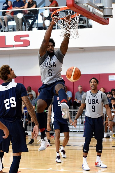 DeAndre Jordan (#6) dunks the ball during a Team USA practice in Las Vegas.