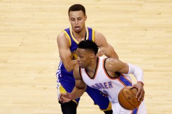 Russell Westbrook drives against Stephen Curry in game three of the 2016 Western Conference Finals.