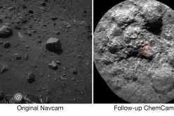 NASA's Curiosity Mars rover autonomously selects some targets for the laser and telescopic camera of its ChemCam instrument. For example, on-board software analyzed the Navcam image at left, chose the target indicated with a yellow dot, and pointed ChemCa