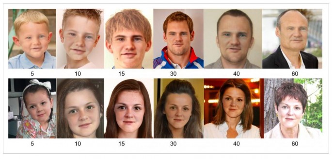 Dreambit can predict what a 1-year-old boy (top) and a 4-year-old girl (bottom) will look like at subsequent ages.