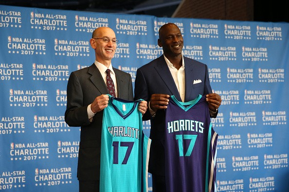NBA commissioner Adam Silver (left) poses with Charlotte Hornets owner Michael Jordan (right) last June 2015, after the announcement of Charlotte as the host of the 2017 All-Star Weekend 