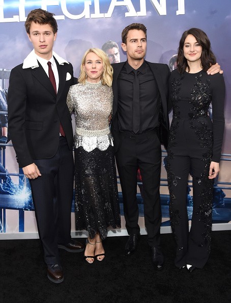 Actors Ansel Elgort, Naomi Watts, Theo James, and Shailene Woodley attend the New York premiere of 'Allegiant' at the AMC Lincoln Square Theater on March 14, 2016 in New York City. 