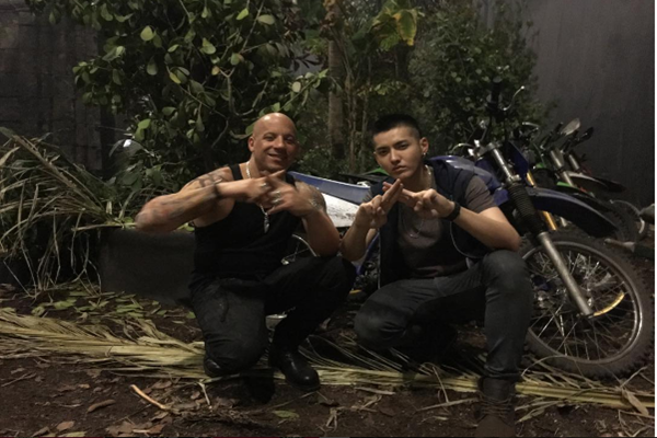 Kris Wu poses with Vin Diesel on the set of the Hollywood film "xXx 3."