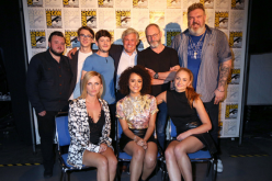 Actors Faye Marsay, Nathalie Emmanuel and Sophie Turner; and (top row L-R) John Bradley, Isaac Hempstead Wright, Iwan Rheon, Conleth Hill, Liam Cunningham, and Kristian Nairn attend the 'Game of Thrones' panel during Comic-Con International 2016.