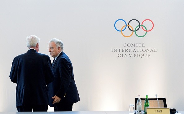 World Anti-Doping Agency (WADA) president Craig Reedie (left) and Association of Summer Olympic International Federations (ASOIF) president Francesco Bitti speak at the Olympic headquarters.
