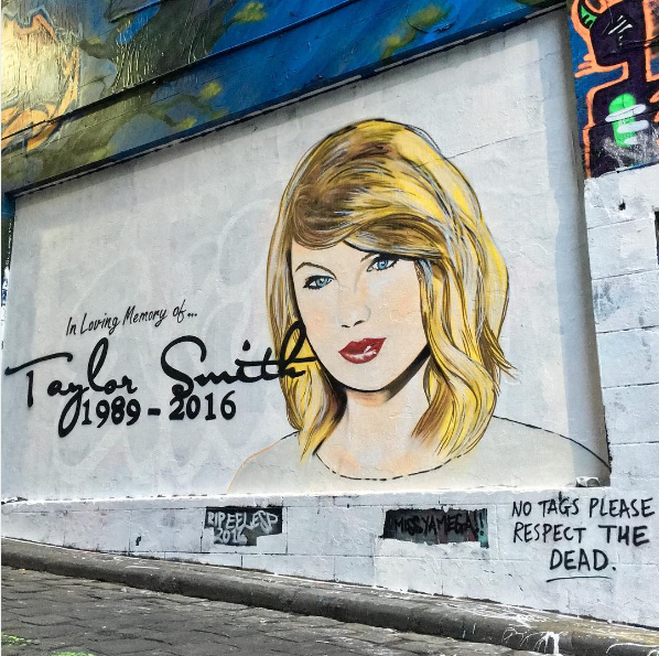 RIP Taylor Swift mural painted by Lushsux on a wall in Melbourne, Australia.