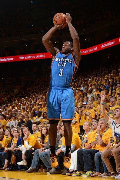 Dion Waiters rises up for a shot during a Oklahoma City Thunder-Golden State Warriors playoff game in Oakland.