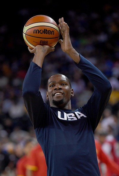 Kevin Durant shoots during warm-ups before the USA-China exhibition game in Oakland.