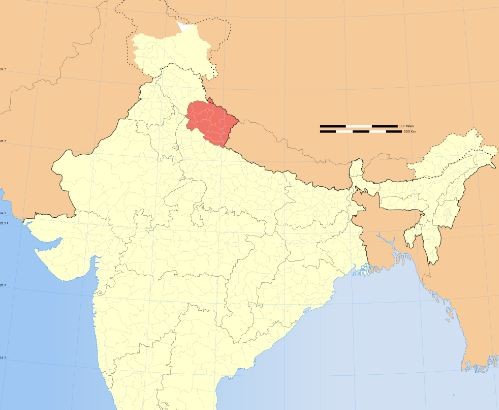 Uttarakhand state (in red) along the border with China.