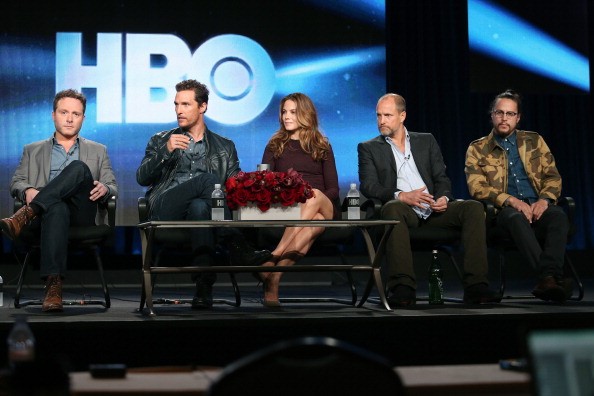 Executive Producer/Writer Nic Pizzolatto, actors Matthew McConaughey, Michelle Monaghan, Woody Harrelson and Executive Producer/Director Cary Fukunaga speak onstage during the 'True Detective' panel d
