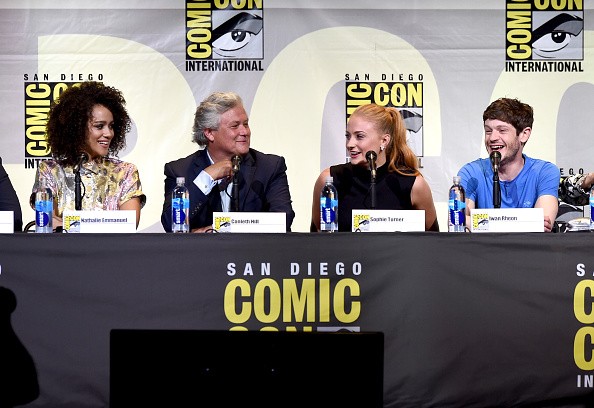(L-R) Actors Nathalie Emmanuel, Conleth Hill, Sophie Turner, and Iwan Rheon attend the 'Game Of Thrones' panel during Comic-Con International 2016 at San Diego Convention Center on July 22, 2016. 