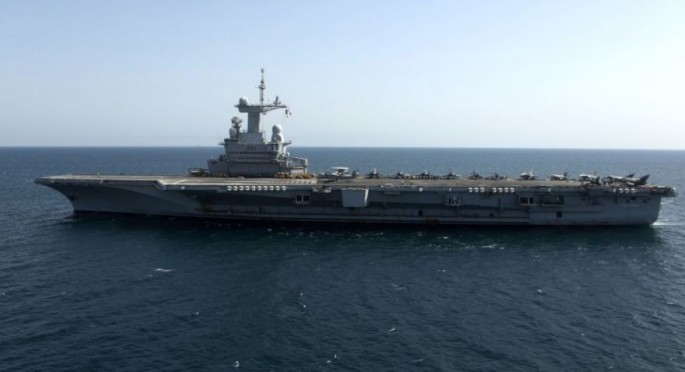 The French Navy aircraft carrier Charles de Gaulle on patrol.