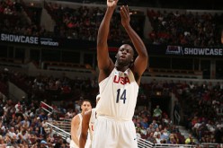 Draymond Green attempts a free throw during the USA-Venezuela exhibition game in Chicago.