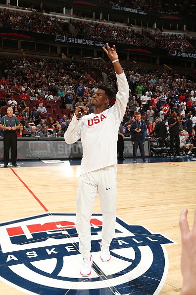 Jimmy Butler speaks to Chicago fans prior to the USA-Venezuela exhibition game at the United Center.