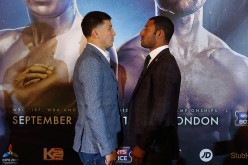 Gennady Golovkin (L) and Kell Brook (R) go head-to-head during the press conference ahead of the fight between Gennady Golovkin and Kell Brook at the Dorchester Hotel on August 1, 2016 in London, England.