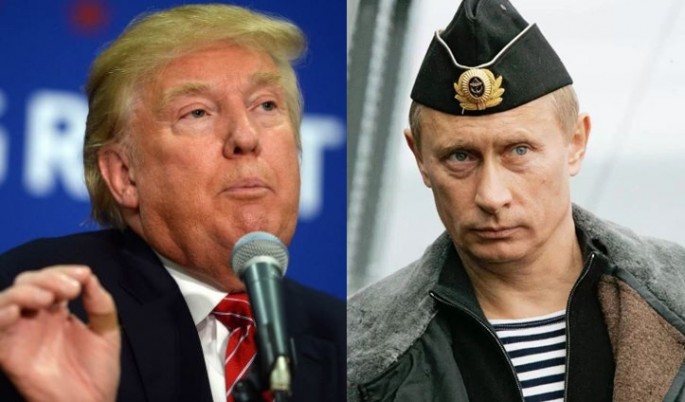 Republican presidential candidate Donald Trump and Russian President Vladimir Putin in the uniform of a Russian Navy officer.