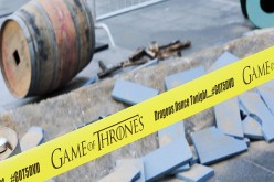Game of Thrones caution tape wraps the dragon landing display during the Game of Thrones: The Complete Fifth Season DVD/Blu-Ray Celebration March 16, 2016 at Dilworth Plaza in Philadelphia, Pennsylvania.