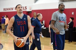 Klay Thompson of Team USA and the Golden State Warriors (#11) and new Warriors teammate Kevin Durant are having a light moment during a Team USA practice session in Las Vegas