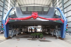 China's first Transit Elevated Bus (TEB-1) being readied for a test drive in Qinhuangdao.