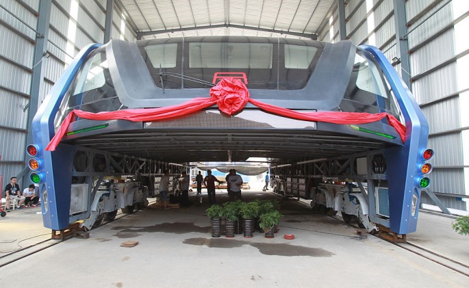 China's first Transit Elevated Bus (TEB-1) being readied for a test drive in Qinhuangdao.